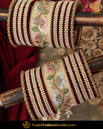 Antique Gold Hand Embroidered Rubby Bangles Set For Both Hands |  Punjabi Traditional Jewellery Exclusive